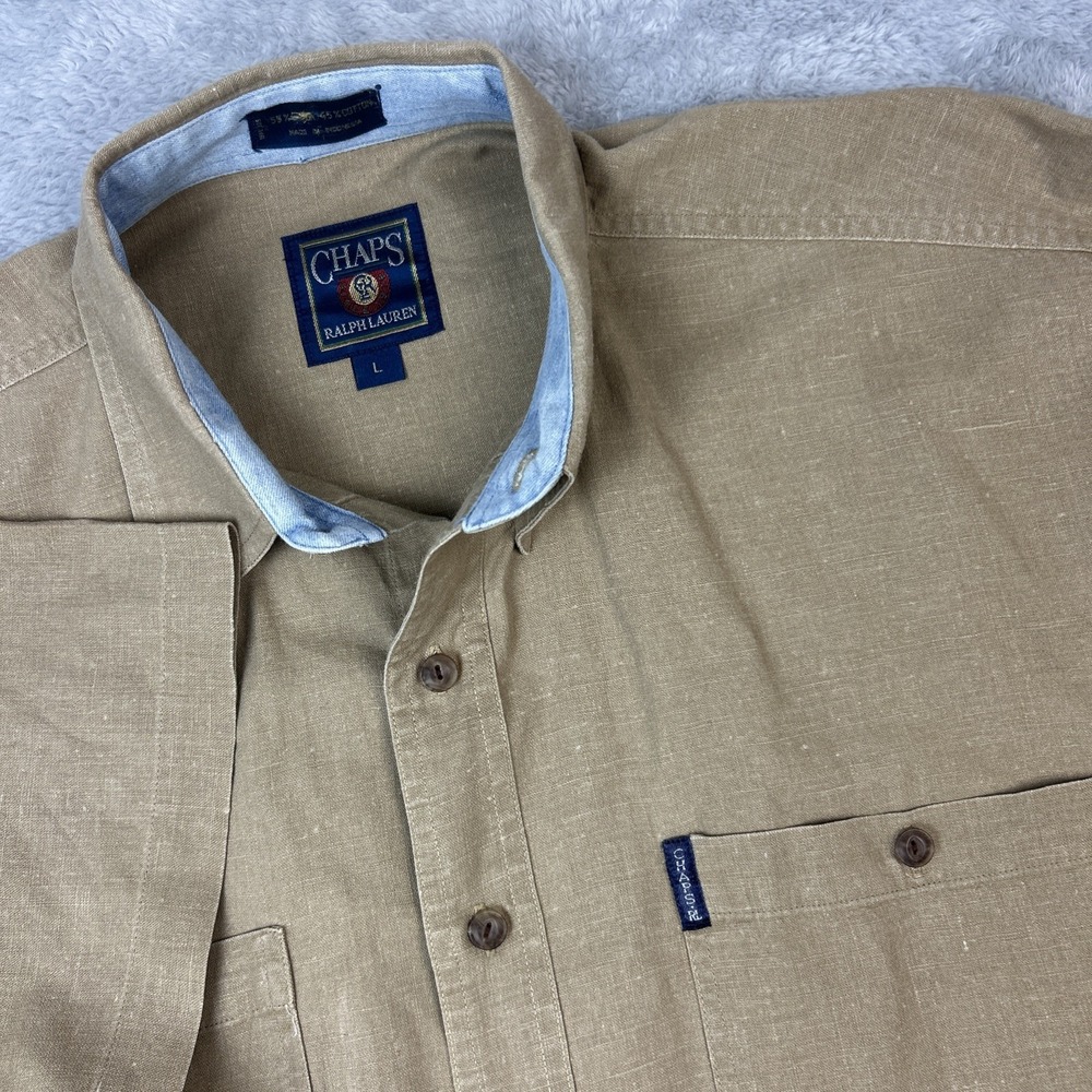 Vtg Chaps Ralph Lauren Mens L Shirt Linen Cotton Blnd Khaki Short Sleeve Button